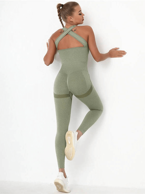 Seamless high waist bodysuit with hips push-up in green, ideal for women's gym, made of breathable, anti-bacterial nylon and spandex.