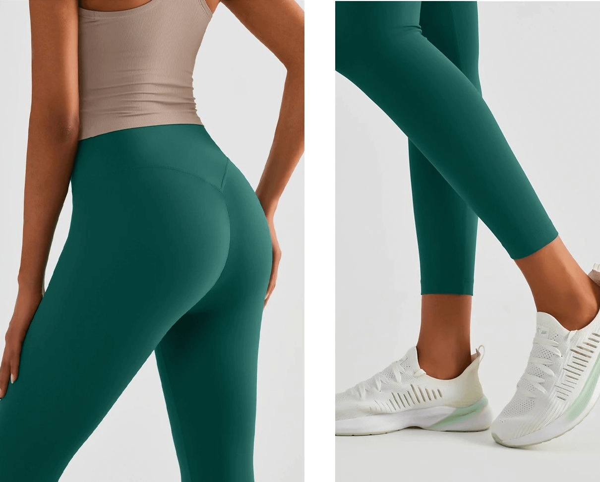 Seamless breathable women's fitness leggings in green, perfect for yoga, featuring nylon-spandex blend for flexibility and comfort.