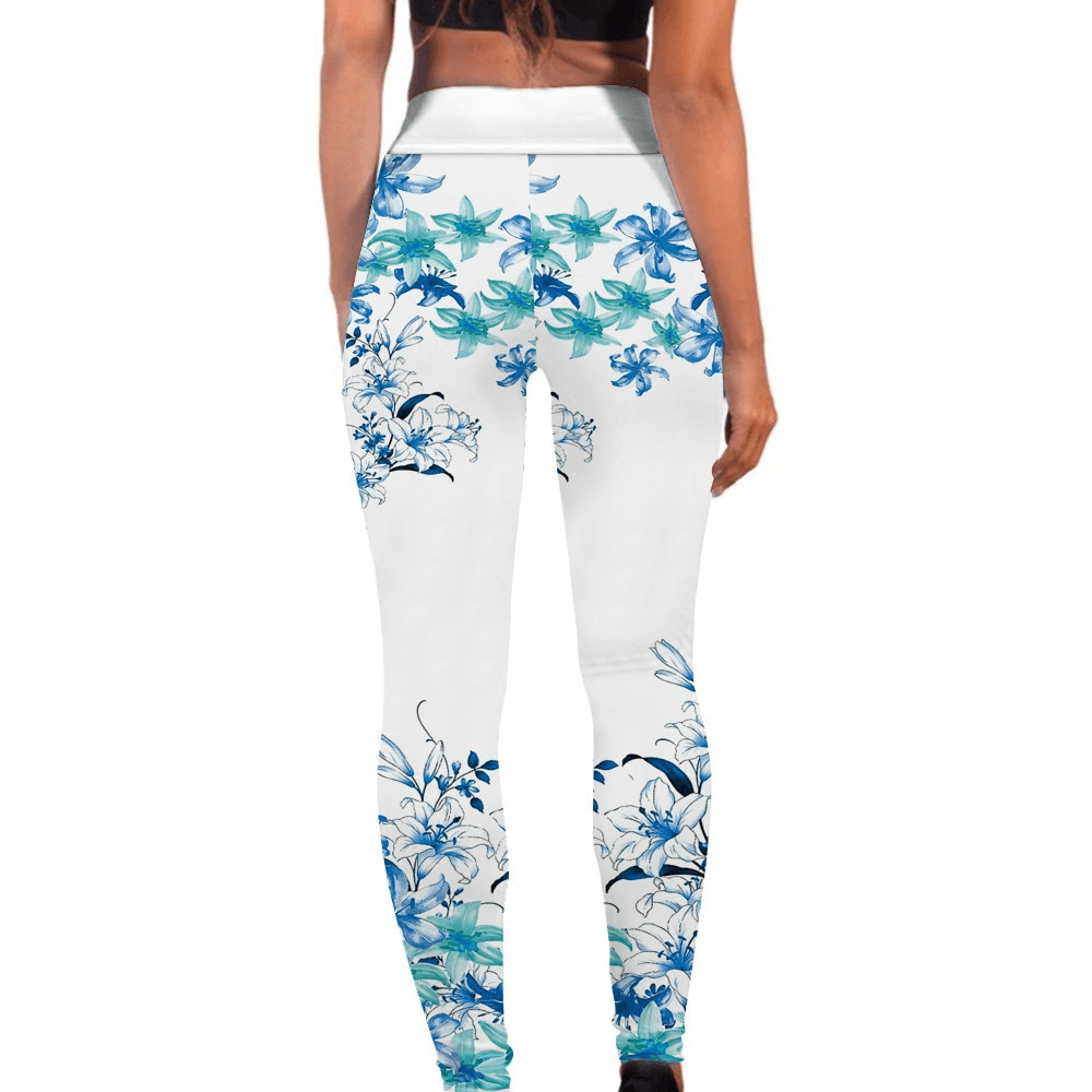 Woman wearing seamless printed elastic workout leggings with floral design, perfect for yoga, running, or an active lifestyle.