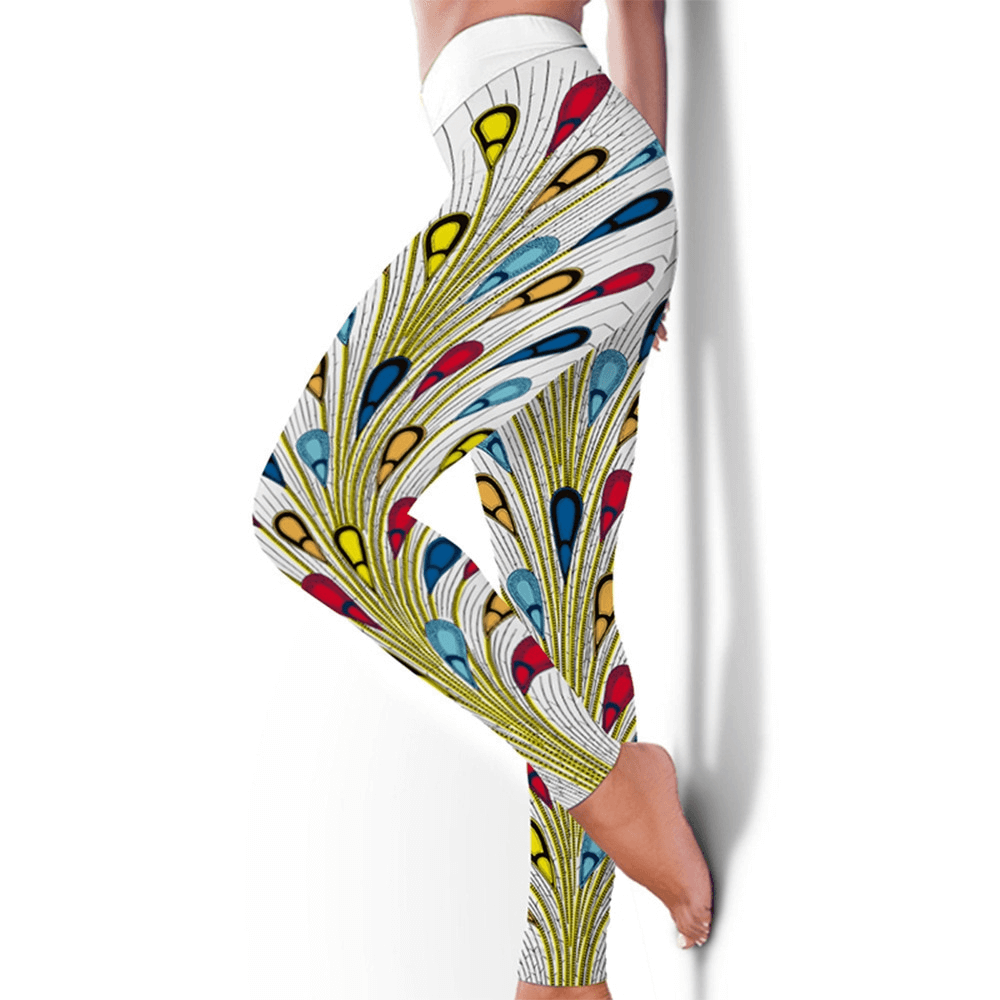 Woman wearing seamless printed elastic workout leggings with vibrant design, perfect for yoga or running. Full-length fit and comfort.