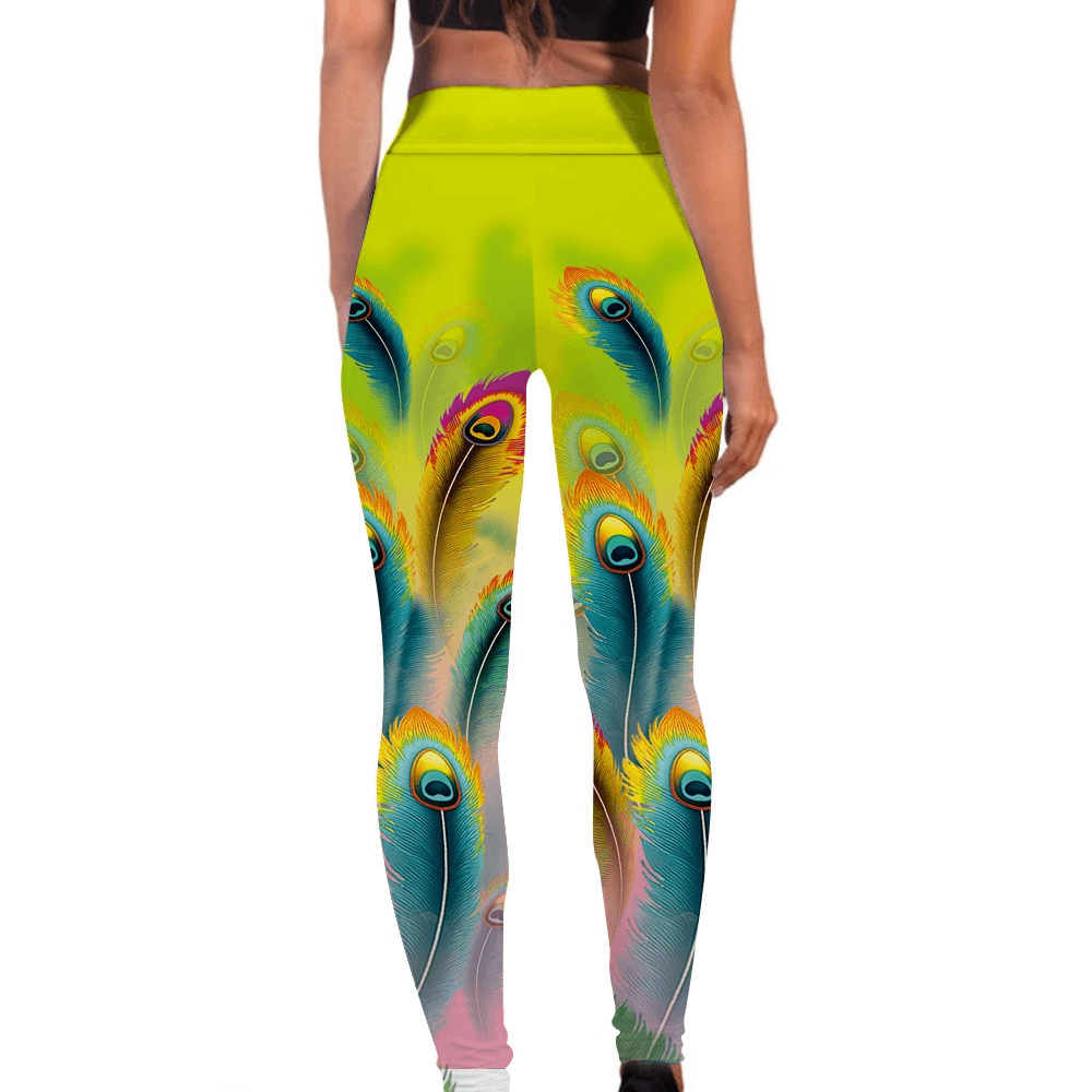 Vibrant peacock print women's workout leggings with seamless elastic design, perfect for yoga or running.
