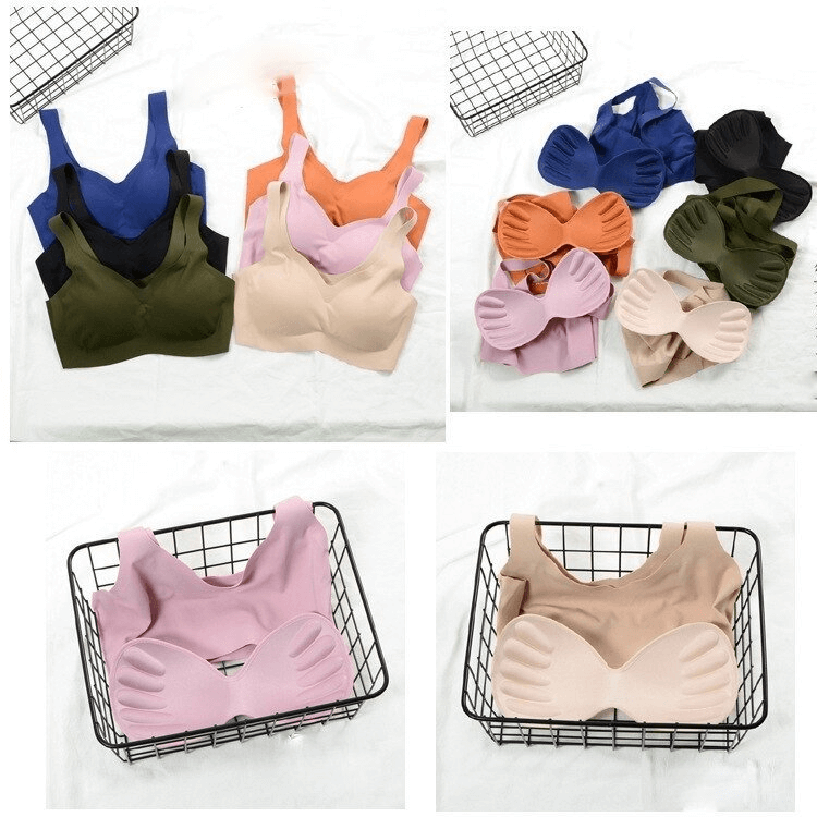 Seamless solid color women's sports bras in various colors, SF0450, displayed in baskets, designed for fitness, comfort, support.
