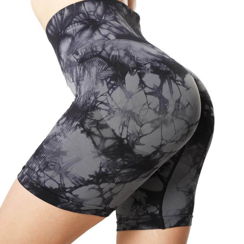 Seamless scrunch butt shorts for women with high waist in stylish black and gray pattern, perfect for yoga and sports, SF1234.