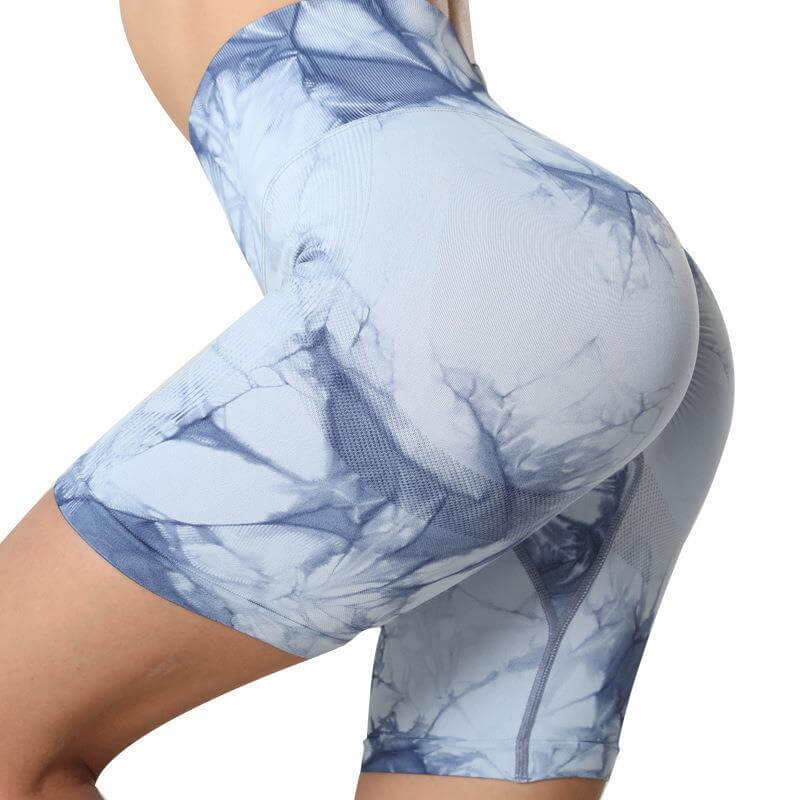 Side view of seamless sports scrunch butt shorts for women, high-waisted with a stylish pattern perfect for yoga and workouts.
