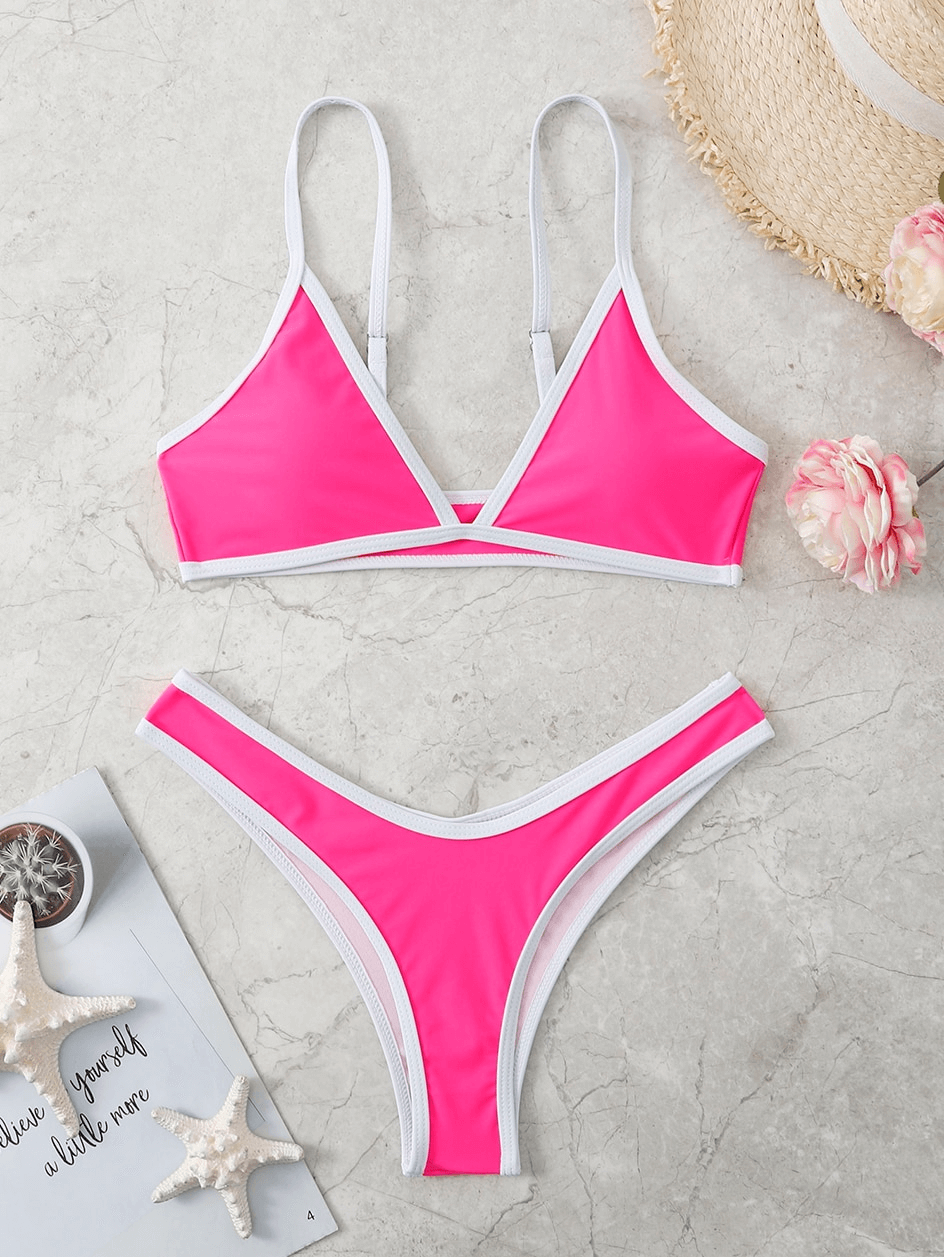 Pink sexy adjustable straps micro bikini set for women, featuring a stylish and comfortable high waist design. Ideal for summer beachwear.