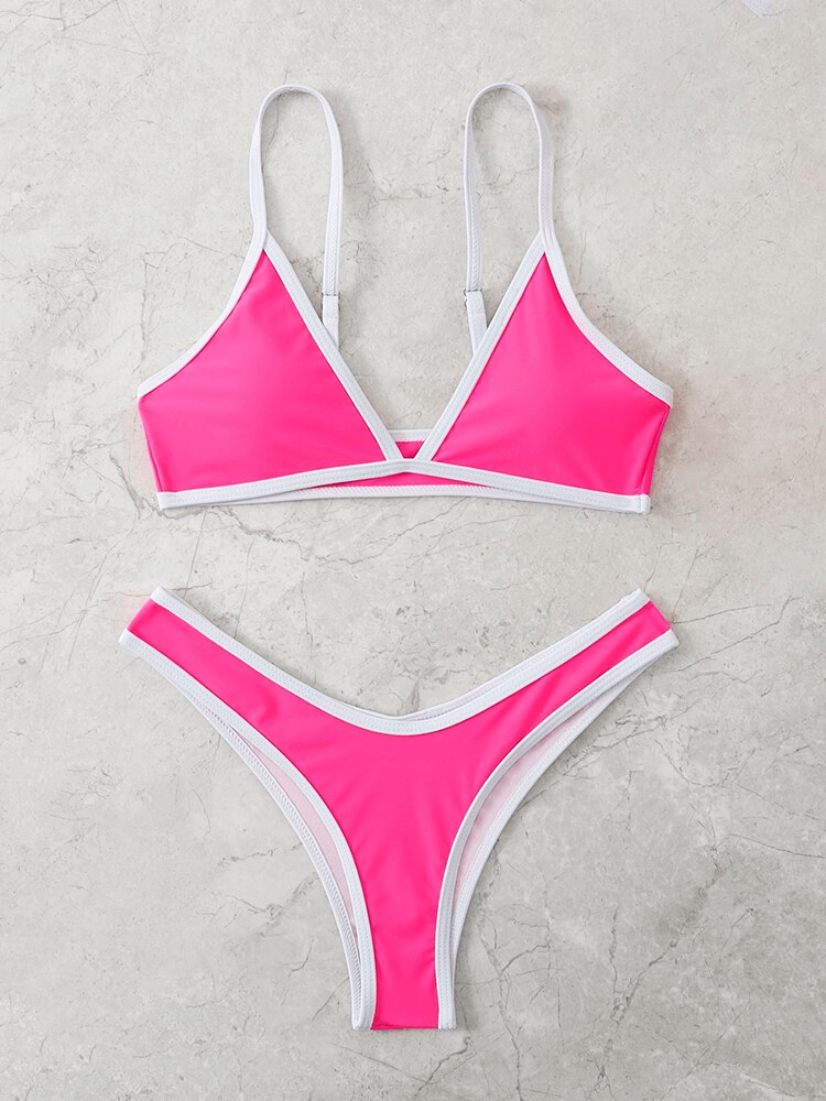 Pink adjustable straps micro bikini set with triangle top and high waist bottoms for women, ideal for beachwear and swimming.