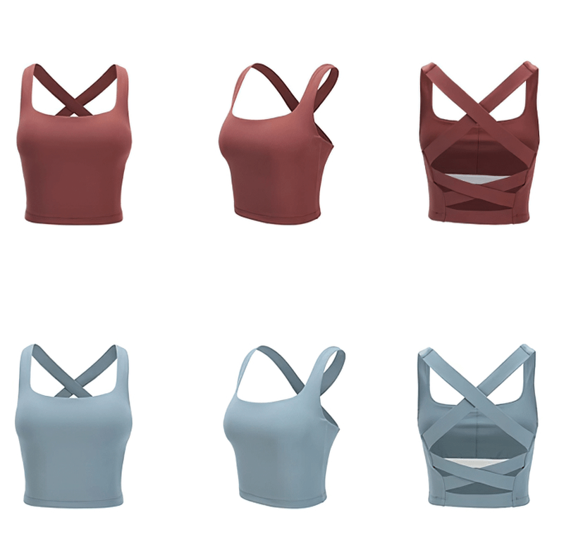 Sexy Cross Back Running Tank Top in red and blue colors, showcasing front, side, and back views.