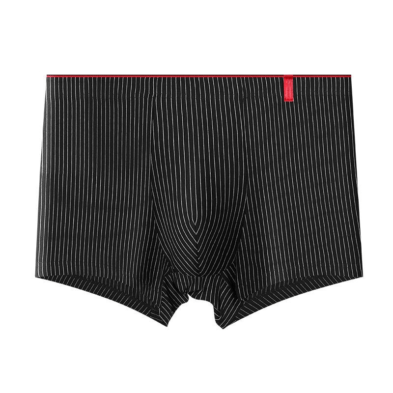 Striped black men's elastic boxer briefs with red waistband, made of acrylic and spandex for comfort and breathability.