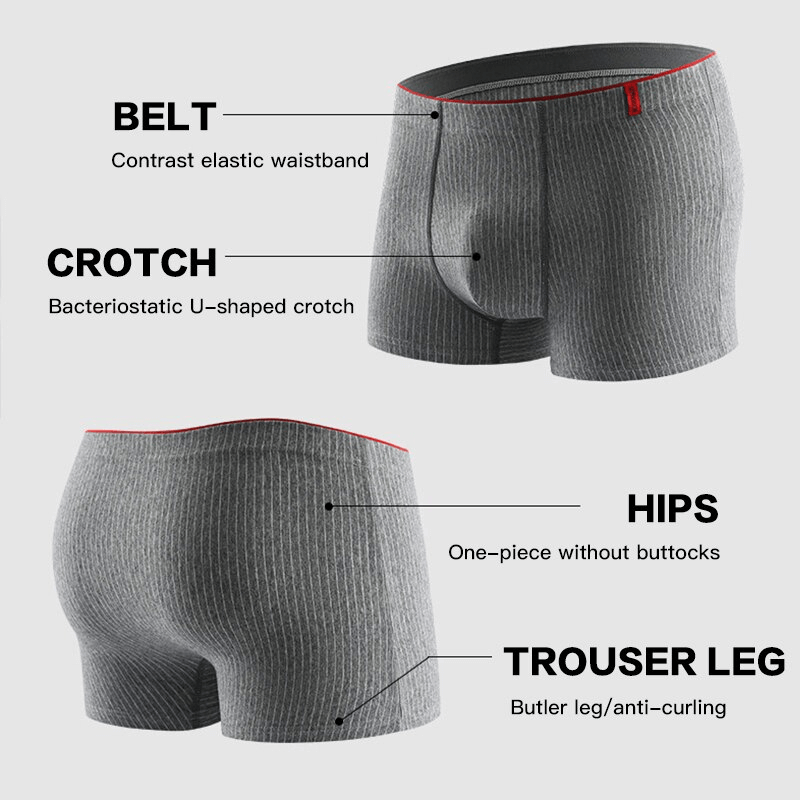 Men's sexy elastic boxer briefs with striped pattern and contrast waistband, featuring bacteriostatic U-shaped crotch for comfort.