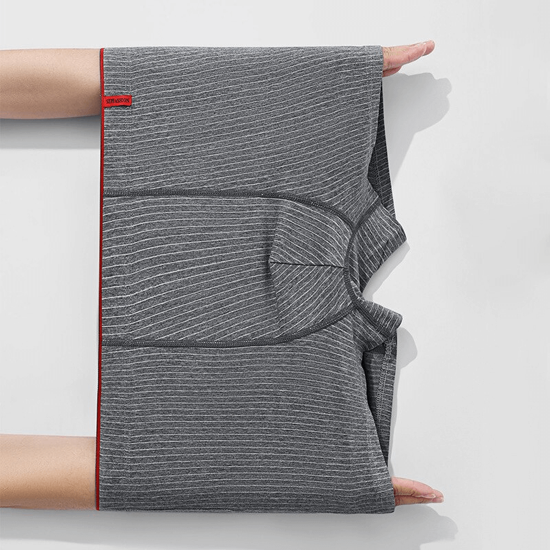 Gray striped elastic boxer briefs for men SF1147, lightweight acrylic-spandex blend, with red trim and secure waistband.