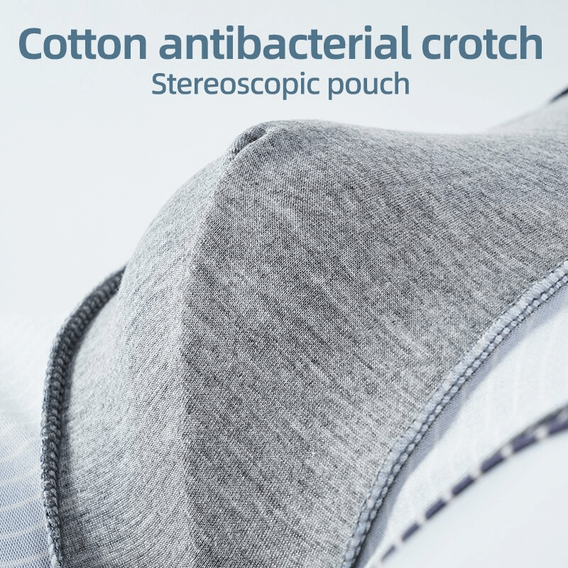 Close-up of men's underwear with cotton antibacterial crotch and stereoscopic pouch, emphasizing comfort and support.