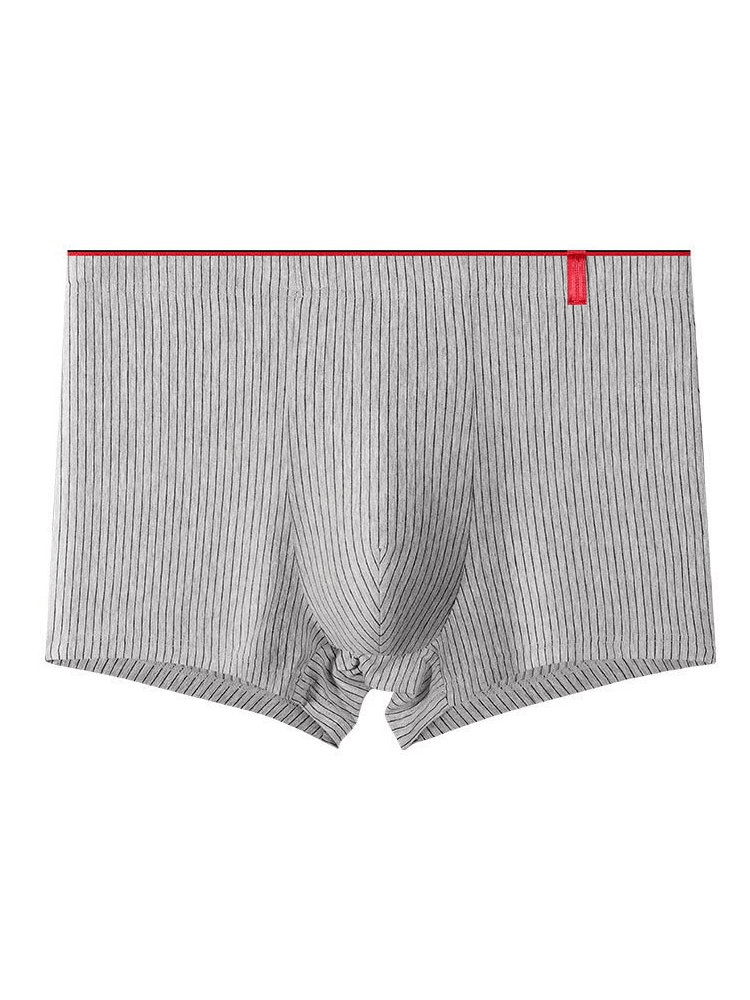 Gray striped sexy elastic boxer briefs for men with red accents, featuring a comfortable fit and breathable material.
