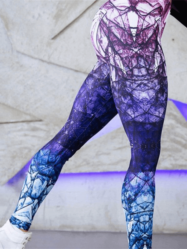 Vibrant print, high-waist women's fitness leggings made from polyester and spandex, perfect for workouts and casual wear.