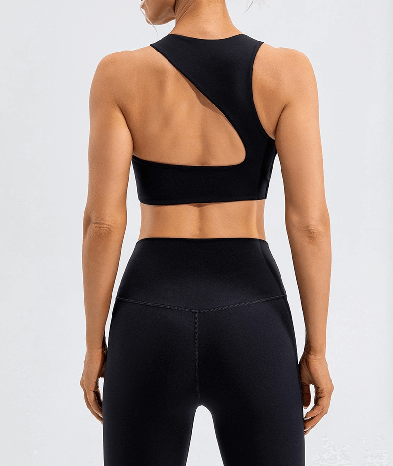 Black open-back women's sports bra and leggings set