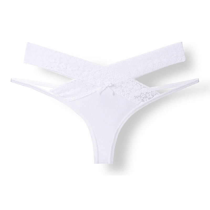 Sexy lace breathable women’s thong with cutouts, style SF0987, showcasing elegant white design and comfortable low-rise fit.