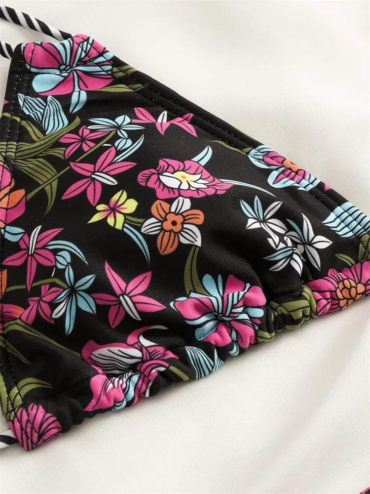 Colorful floral bikini top with prints, part of a sexy ladies two-piece swimsuit for low waist comfort, ideal for beachwear.