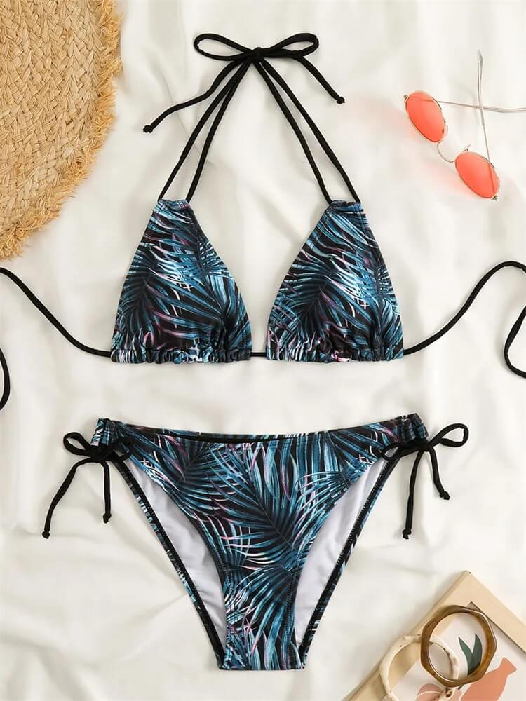 Tropical print bikini set for women with low waist, perfect for beach elegance and style.