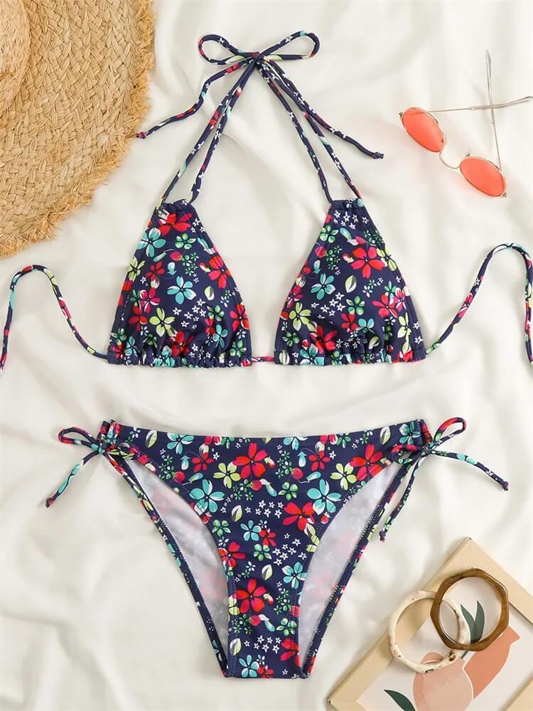 Floral print two-piece bikini for women with low waist and vibrant colors, perfect for beach fashion and style.