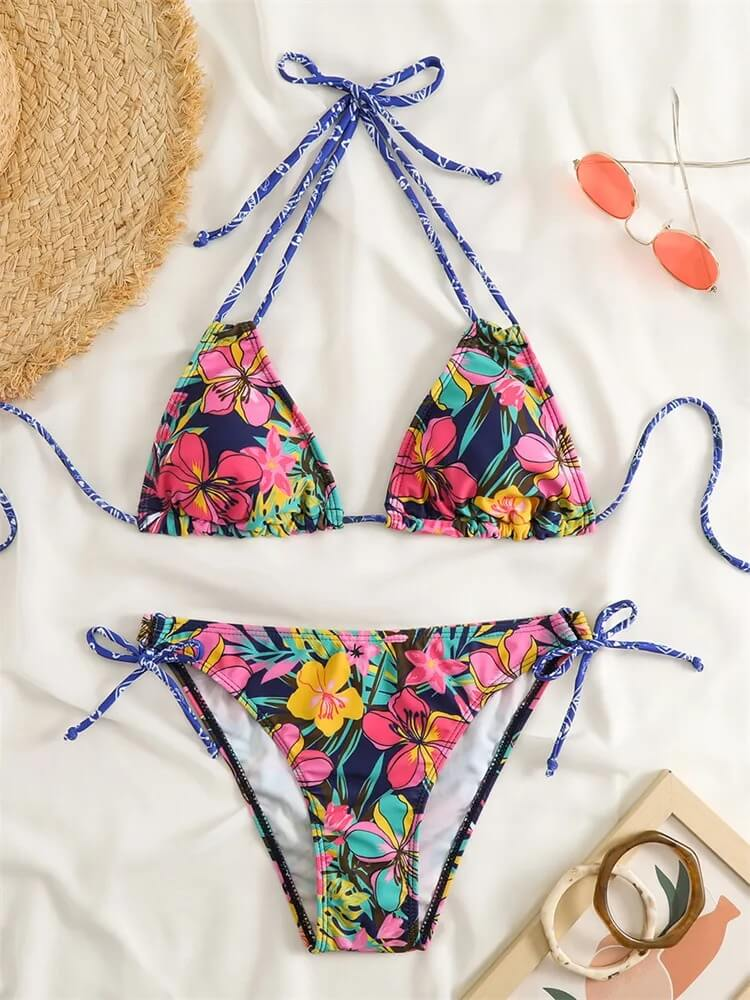 Vibrant floral print bikini for women with low waist, perfect for stylish beachwear.