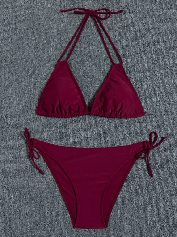 Chic maroon two-piece bikini set with tie straps, perfect for stylish beachwear.