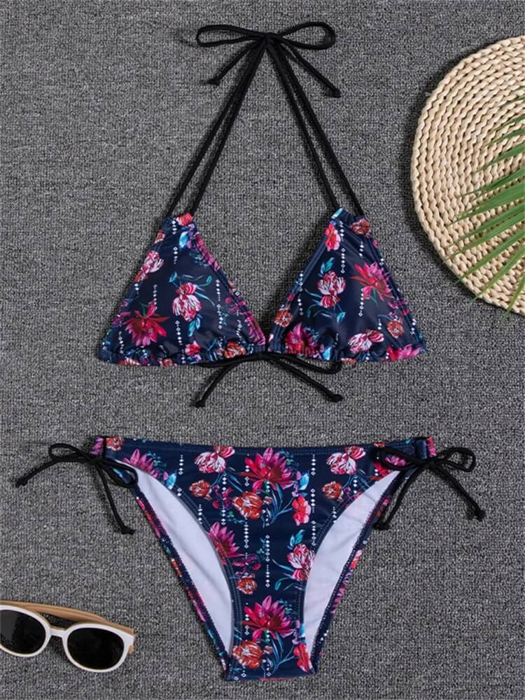 Floral print bikini set for women, featuring a halter top and low waist bottoms, perfect for beachwear style.
