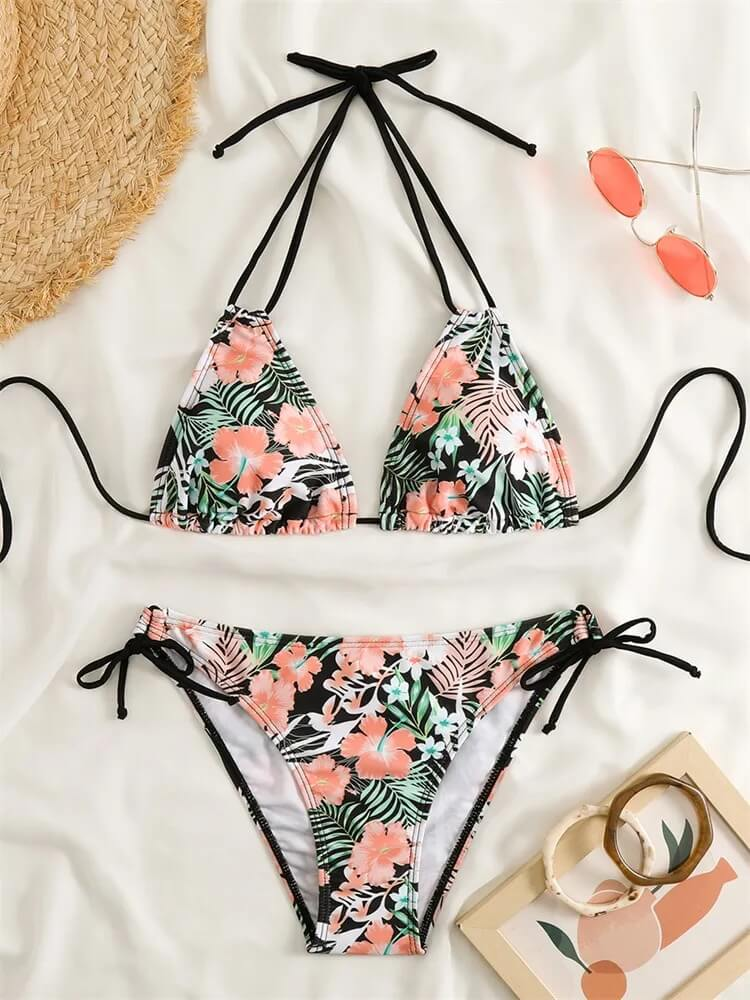 Floral print bikini set with low waist design, perfect for stylish beachwear.