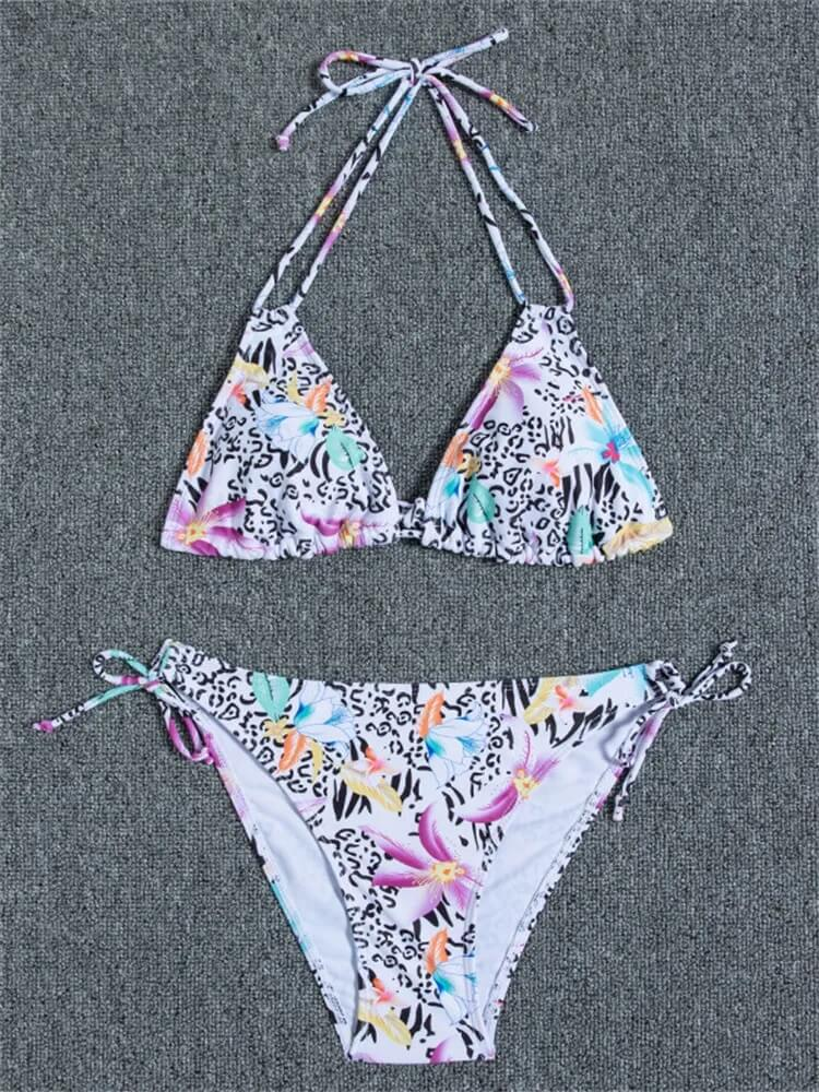 Colorful print bikini set with floral and leopard patterns, two-piece swimsuit, low waist, stylish beachwear for women, SF1086
