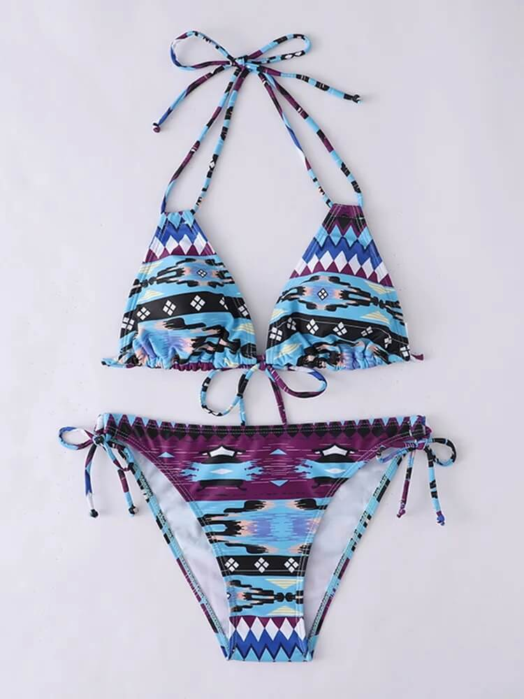 Sexy ladies printed bikini set with tribal patterns, low waist, stylish two-piece swimsuit for women.