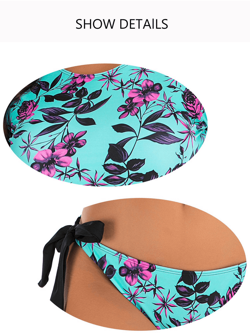 Sexy floral long sleeve two-piece swimsuit with backless design featuring vibrant red and purple flowers on a turquoise background.