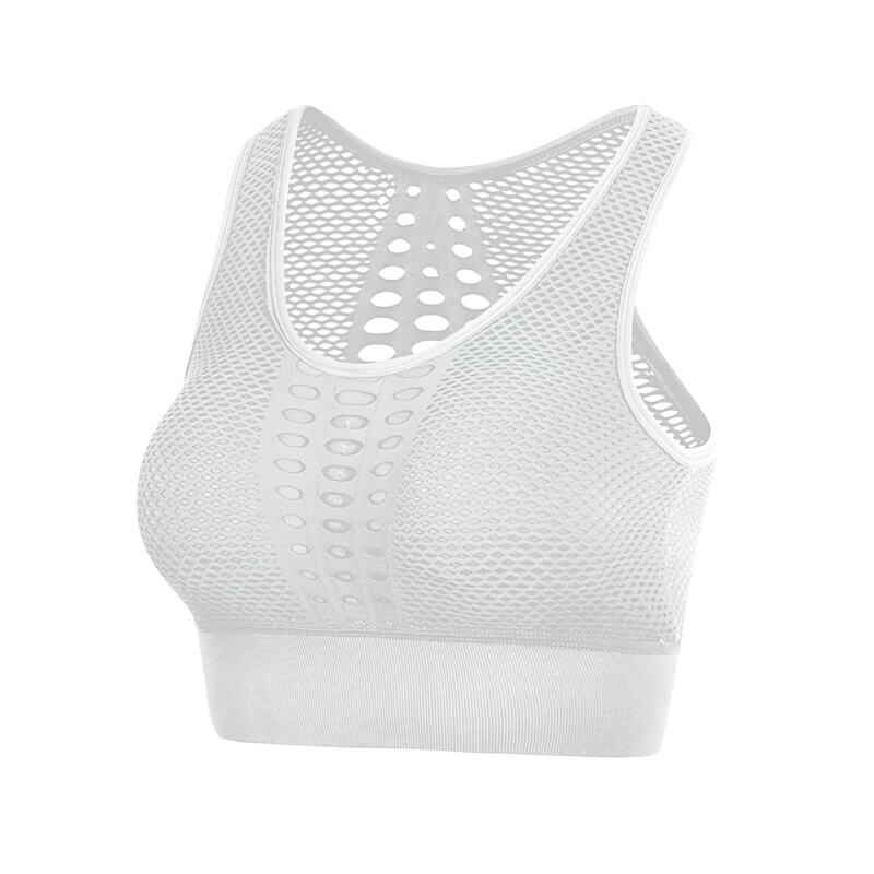 Sexy mesh breathable seamless sports bra - white, SF1069, non-adjustable straps, premium nylon, three-quarter cup