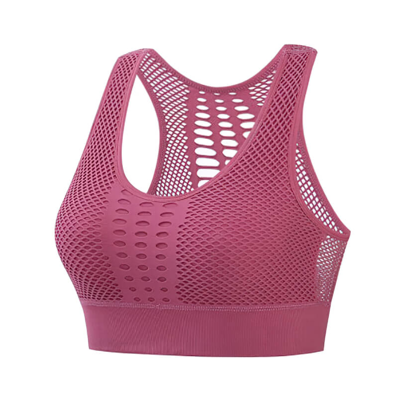 Sexy Mesh Breathable Seamless Sports Bra for Girls SF1069, pink, with durable nylon and flattering design.