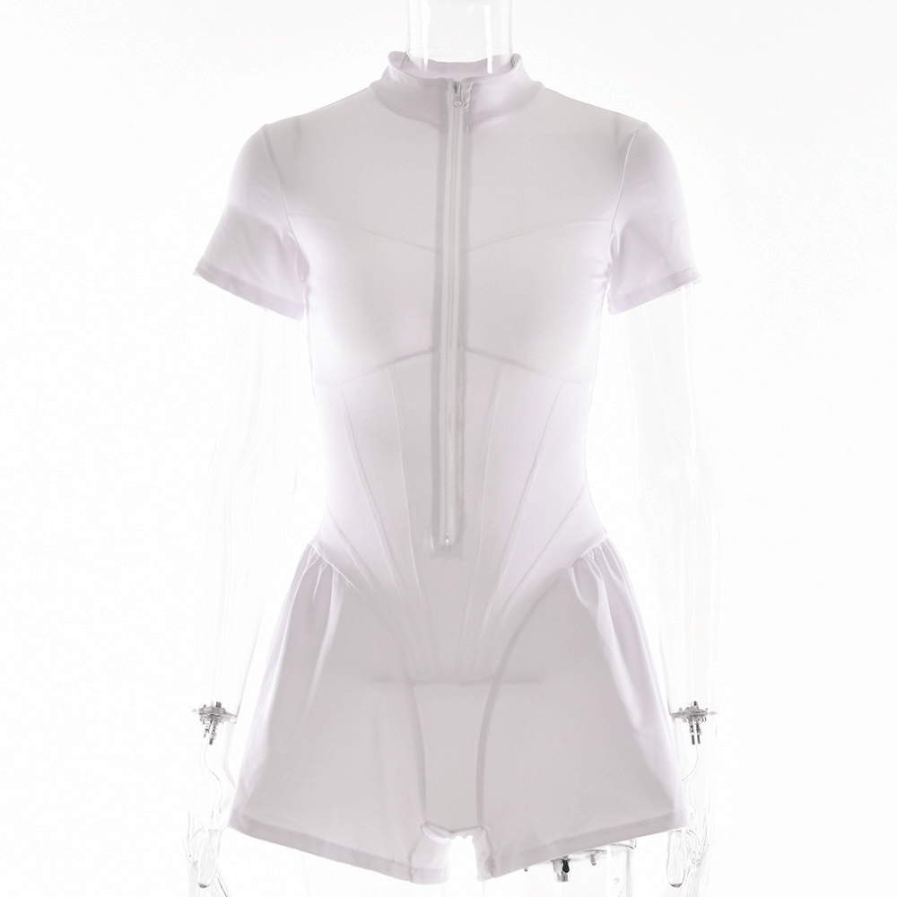 Sexy O-Neck Short Sleeves Zipper Bodysuit / Sports Female Slim Romper - SF1059