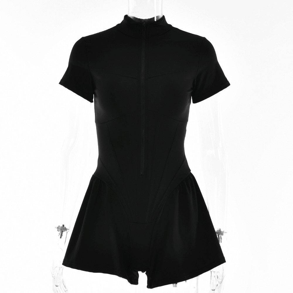 Sexy O-Neck short sleeves zipper bodysuit, black slim-fit romper for women, SF1059, chic style with flattering mid-waist cut.