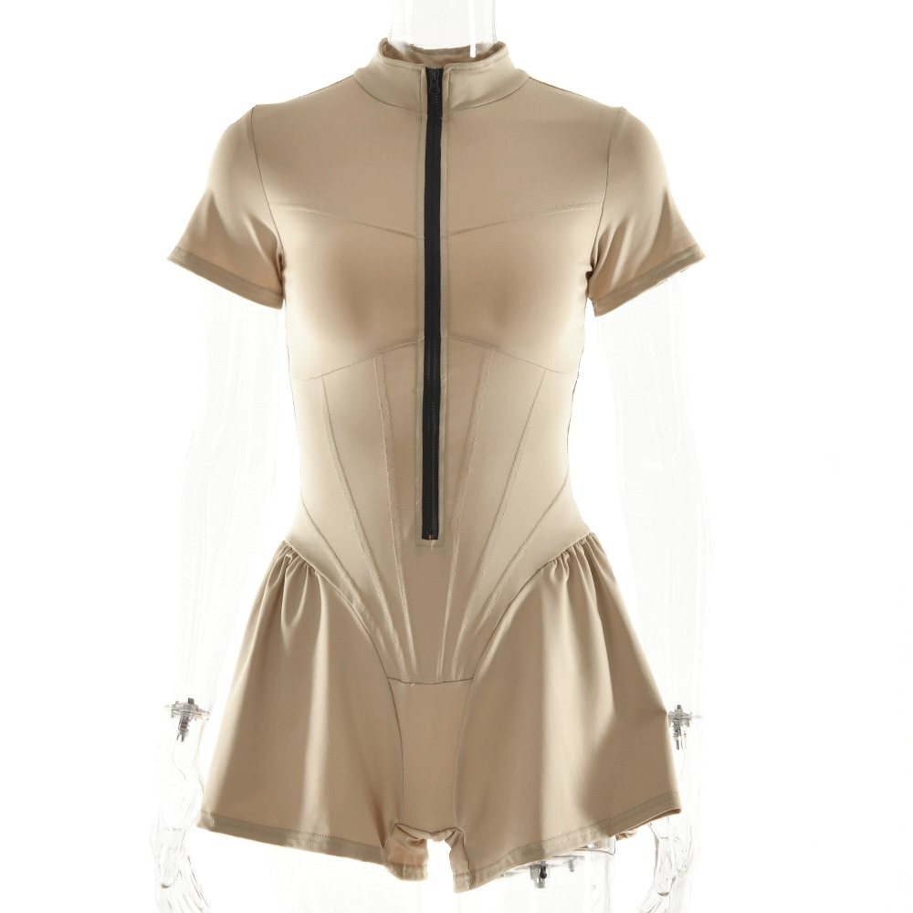 Sexy O-Neck short sleeve bodysuit with zipper, mid-waist, and slim fit design, ideal for sports or casual wear - SF1059.