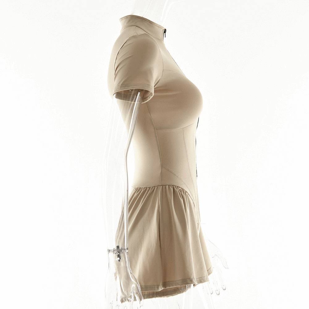Sexy O-Ausschnitt, kurze Ärmel, Reißverschluss-Bodysuit / schlanker Sport-Strampler für Frauen – SF1059