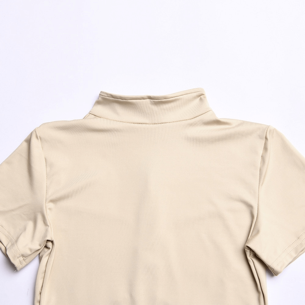 Back view of beige O-neck short sleeve zipper bodysuit, showcasing the lightweight polyester material and figure-flattering design.