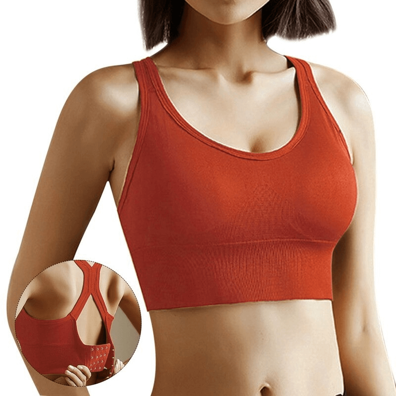 Sexy short push-up sports bra in red with back buckle, made of Spandex and Lycra for comfort and support during running.