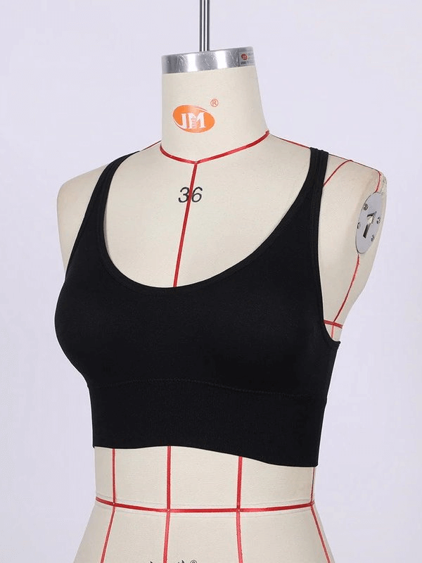 Black push-up sports bra for women, featuring spandex and lycra blend, ideal for running. Style SF0486 with back buckle closure.