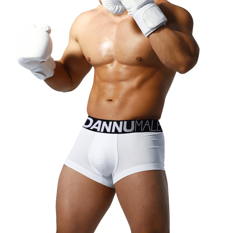 Man wearing white breathable male panties, sports cotton underwear SF0782, showcasing comfort and style for active wear.