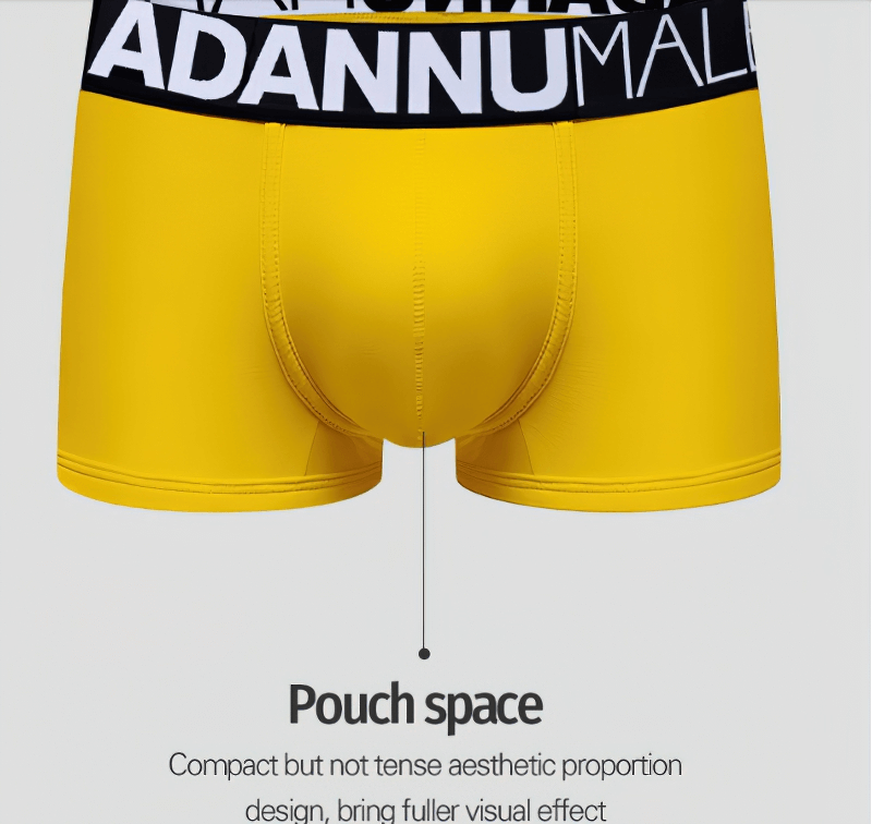 Bright yellow sexy soft breathable male panties with stylish letter waistband and pouch space for enhanced comfort and fit.