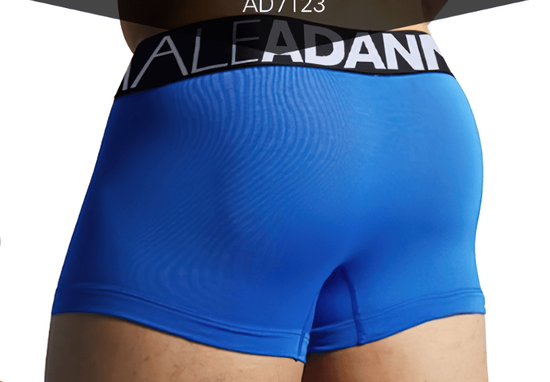 Blue breathable male panties with lettering, showcasing a comfortable and durable cotton-spandex blend for ultimate performance.