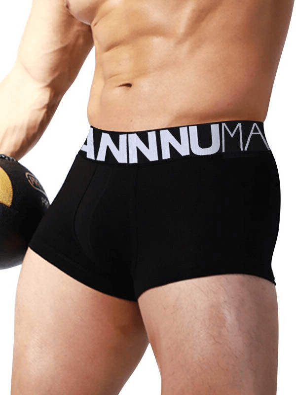 Sexy breathable male panties in black with letter pattern, designed for comfort and performance. Cotton-spandex blend sports underwear.