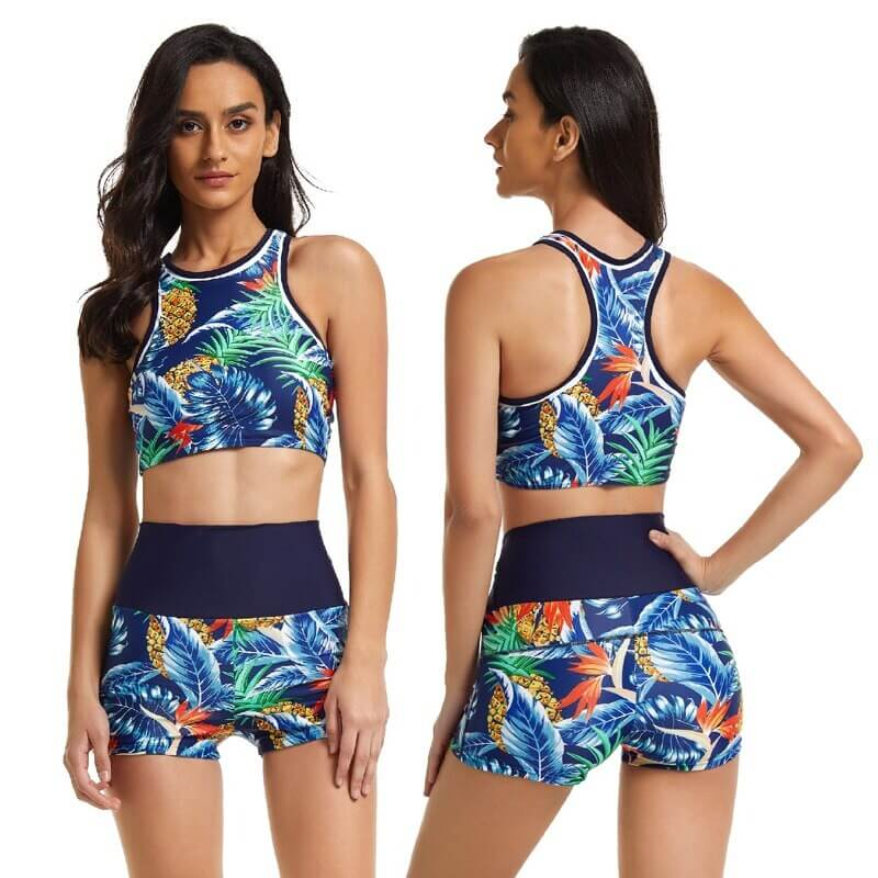 Front and back view of woman wearing sexy sports two-piece swimsuit with tropical print, tank top style for beach activities - SF0674.