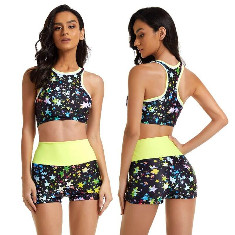 Sexy sports ladies two-piece swimsuit with star pattern, cropped tank top, and shorts in breathable fabric for beach and sports - SF0674