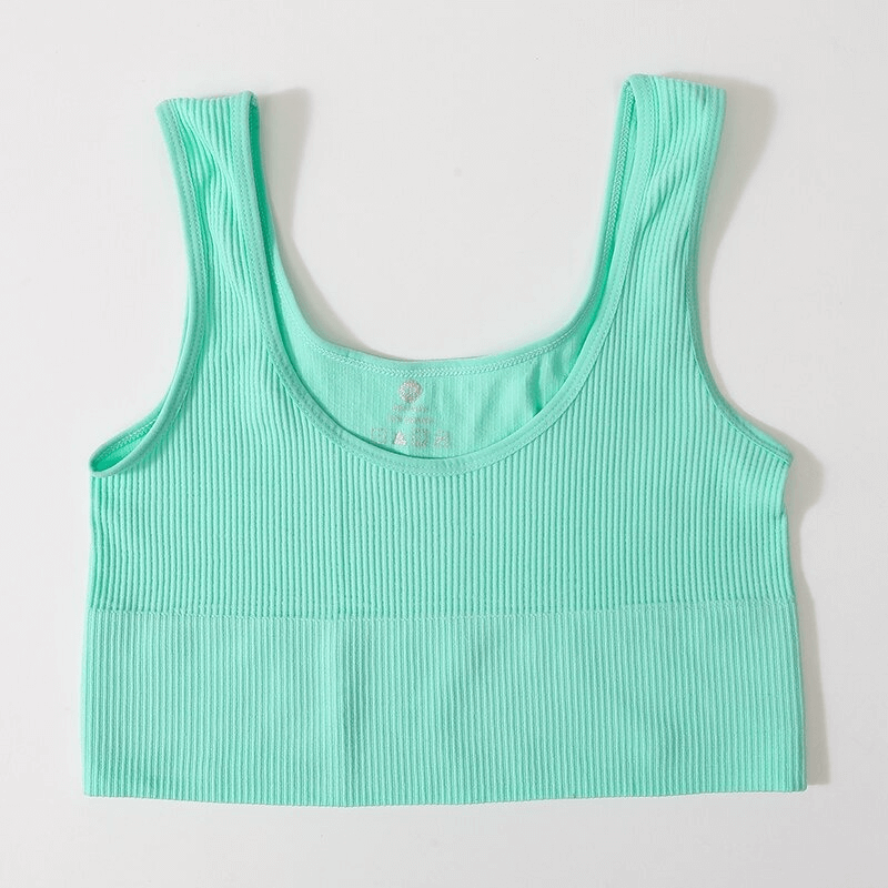 Mint green ribbed seamless sports tank top for women, perfect for yoga, gym, and fitness. Lightweight and breathable design.