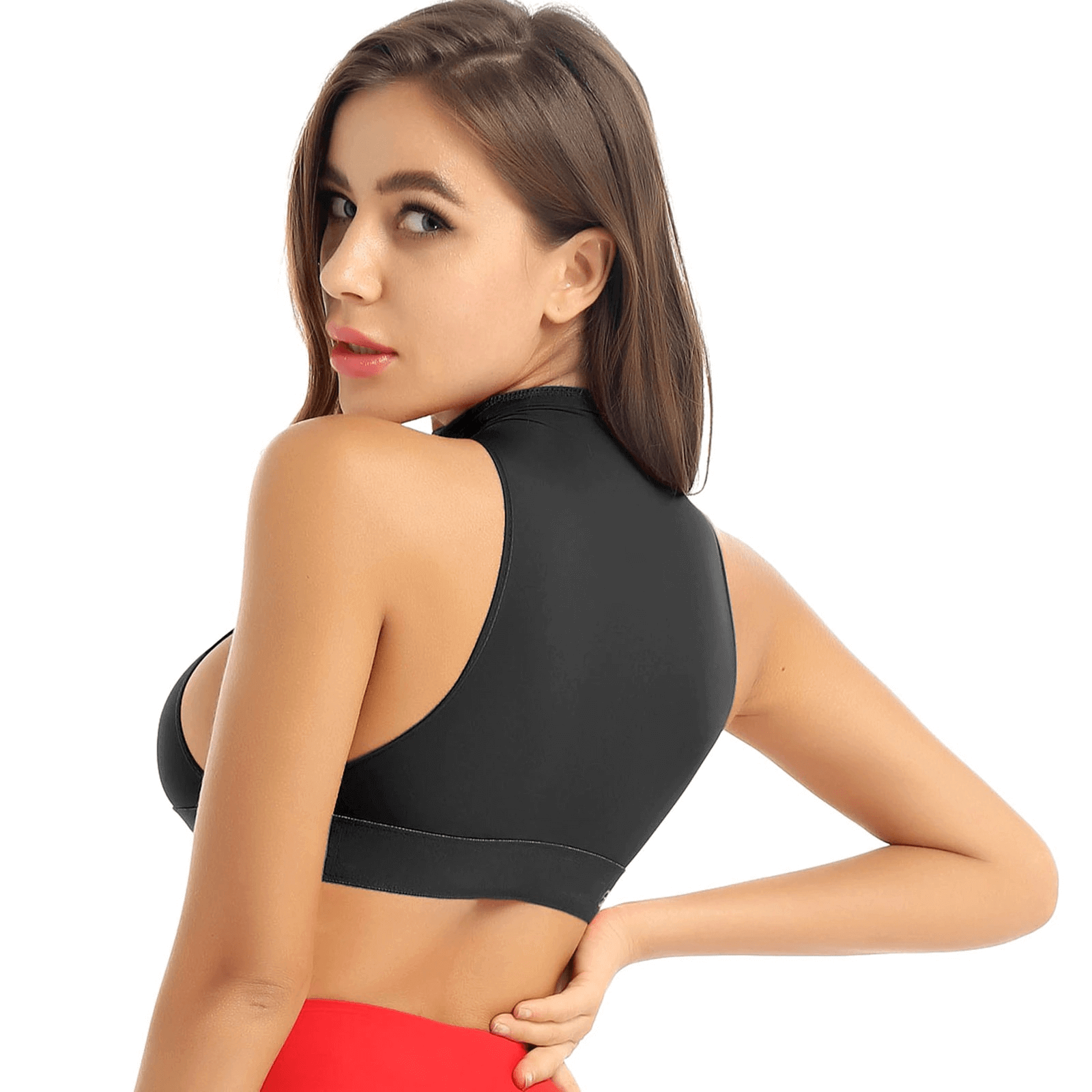 Back view of a woman wearing a sexy high neck sleeveless sheer tank top with elastic underbust, showcasing a sporty and stylish design.