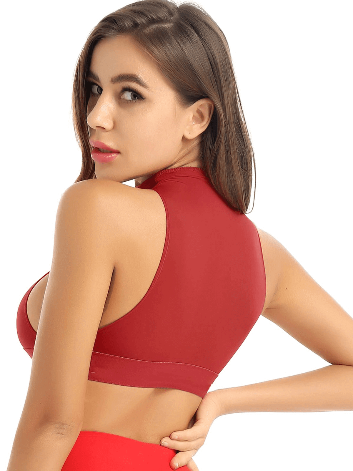 Sexy women's red high neck see-through tank top with sleeveless design, elastic underbust, and short crop style, perfect for sporty looks.