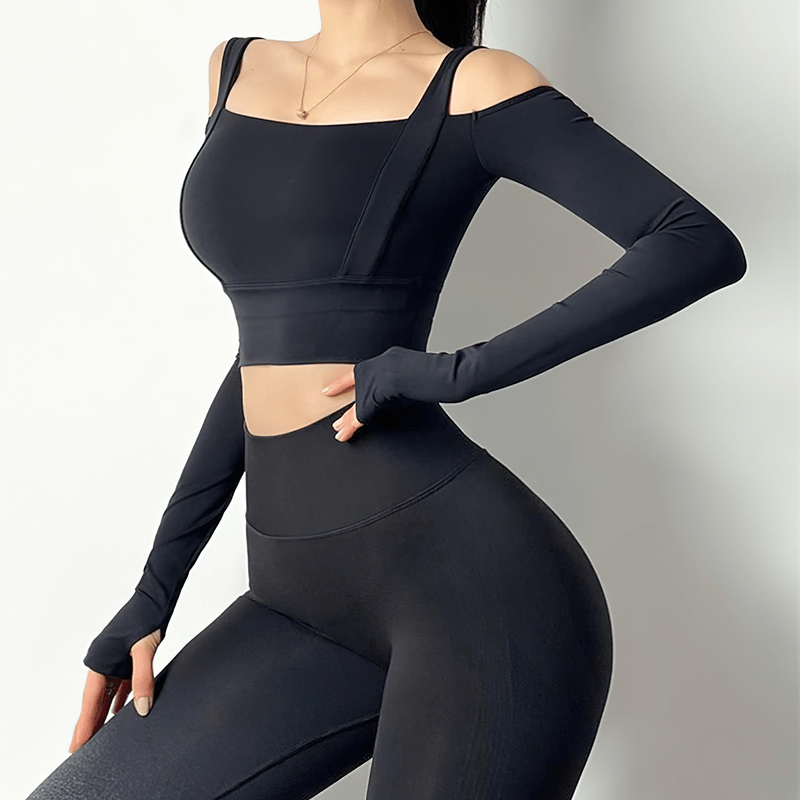 Sleek black long sleeves crop top with open shoulders for women, perfect for gym workouts. SF0992, available in various colors.