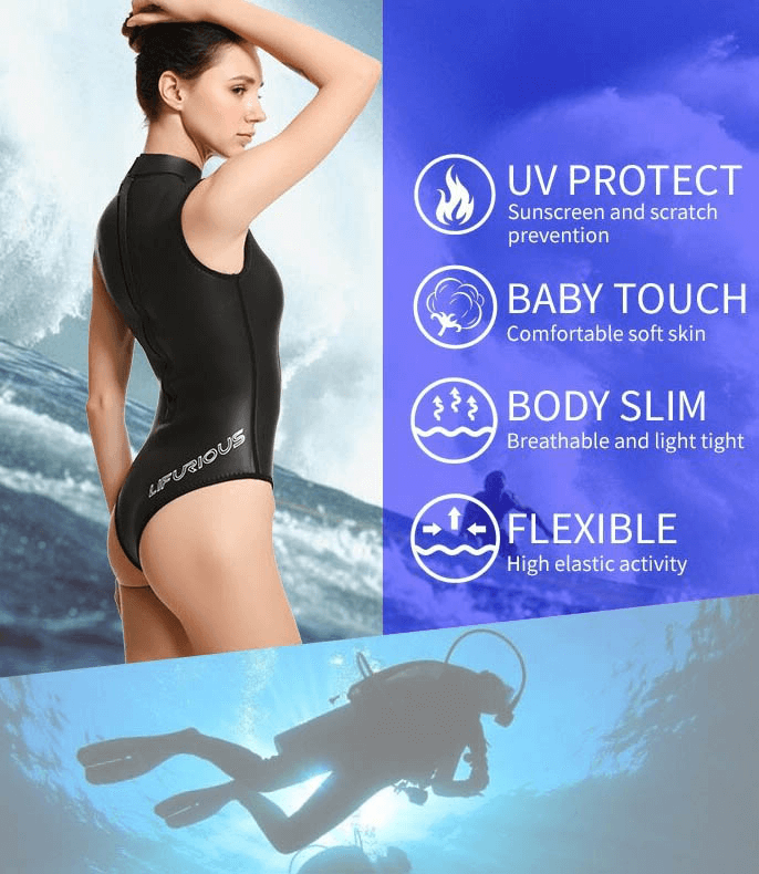 Woman wearing black diving wetsuit bikini with UV protection, standing; underwater scene with scuba diver. Keywords: wetsuit, zipper back.