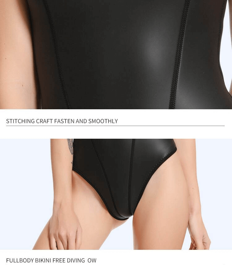 Black super stretch wetsuit bikini with zipper back, designed for comfort and style in water activities.